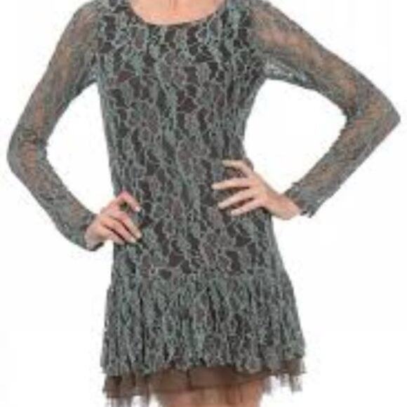A’reve Brown & Teal Lace Long sleeve  Dress Medium - Picture 1 of 6